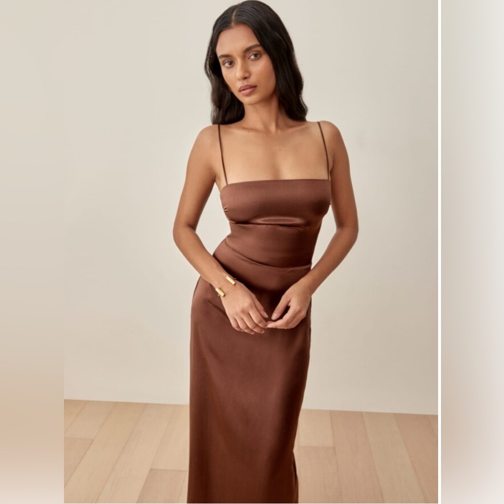 Reformation Frankie 100% Silk Maxi Slip Dress in Brown, Size 14 - Picture 3 of 16